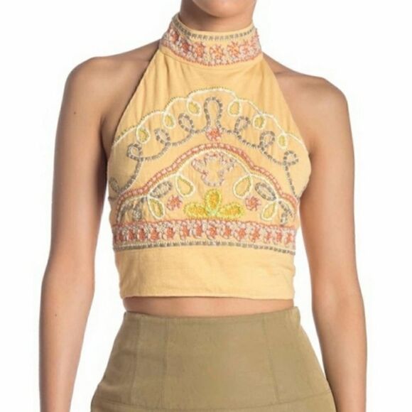 NEW FREE PEOPLE Yellow Beaded GOA Crop Top Tank - Picture 2 of 11